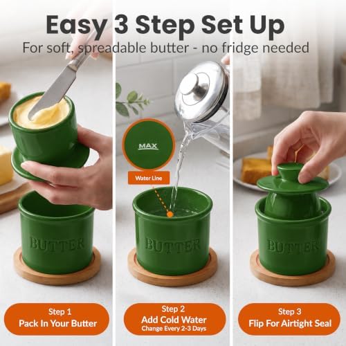 Priority Chef Butter Crock with Lid for Countertop with Spreader Knife and Water Line, Soft Spreadable Butter, Ceramic French Butter Dish with Lid, Formal Garden - Image 3