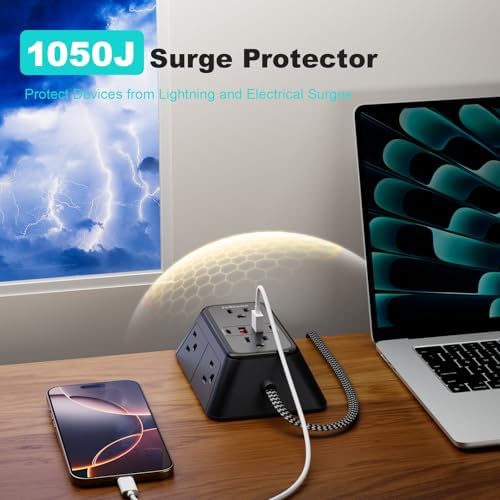 Surge Protector Power Strip with 6 Widely AC Outlets 4 USB Ports(2 USB C), 5 Ft Braided Power Cord, 3-Side Outlet Extender with Overload Protection for Office, Home, Travel Essential-Black-ETL - Image 5