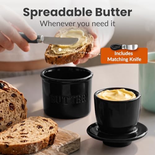 Priority Chef Butter Crock with Lid for Countertop with Spreader Knife and Water Line, Soft Spreadable Butter, Ceramic French Butter Dish with Lid, Black - Image 2