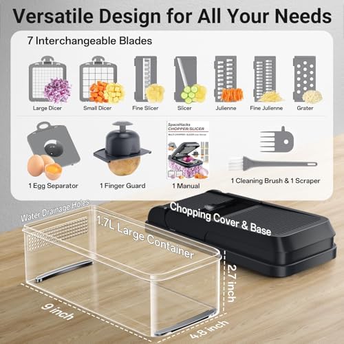 SpaceHacks 12-in-1 Vegetable Chopper, Kitchen Gadgets with 7 Blades, Veggie, Food, Onion Chopper, Cucumber Slicer, Versatile Mandoline, Includes Egg Separator & Finger Guard, Gray (Pack of 2) - Image 2