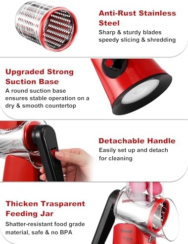 Geedel Rotary Cheese Grater Vegetable Shredder With 6 Interchangeable Blades No Slip Suction Base, Mandoline Slicer & Food Chopper for Cheese, Ice, Nuts, Vegetables, Veggie - Image 6