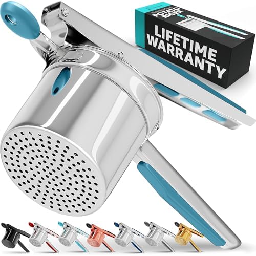 PriorityChef Large 15oz Potato Ricer, Heavy Duty Stainless Steel Potato Masher and Ricer Kitchen Tool, Press and Mash Kitchen Gadget For Perfect Mashed Potatoes - Everytime, Silver and Turquoise by PriorityChef