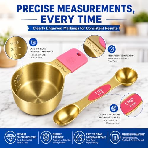 Magnetic Measuring Cups & Spoons Set, Strong N45 Magnets, Heavy Duty Stainless Steel Fits in Spice Jars for Baking & Cooking, BPA Free, Round Set of 15 with Leveler,Gold&Colorful - Image 4