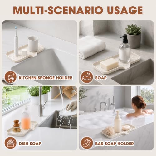 CAKETIME 2 Pack Silicone Soap Dish with Drain Spout for Bathroom Shower Caddy Kitchen Counter in-Sink Sponge Holder Dispenser Countertop Accessories Home Practical Daily Household Stuff Beige Large - Image 6