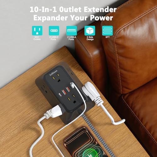 Surge Protector Power Strip with 6 Widely AC Outlets 4 USB Ports(2 USB C), 5 Ft Braided Power Cord, 3-Side Outlet Extender with Overload Protection for Office, Home, Travel Essential-Black-ETL - Image 2