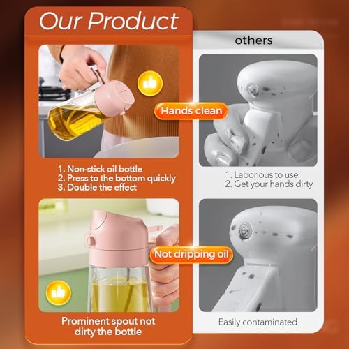 YARRAMATE 16oz/470ml Glass Olive Oil Sprayer for Cooking with Stickers, 2 in 1 Oil Dispenser for Kitchen Gadgets, Food Grade Premium Spray Bottle for Salad, Frying, BBQ (PeachPink) - Image 6