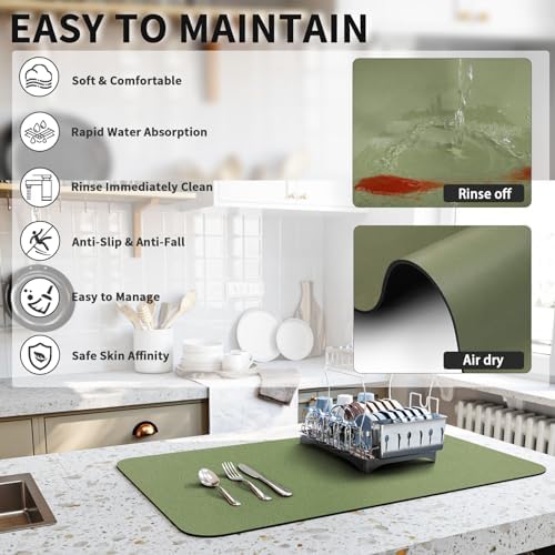 HotLive Dish Drying Mat for Kitchen Counter, Heat Resistant Drainer Mats with Non-slip Rubber Backed, Hide Stain Kitchen Super Absorbent Draining Mat, Easy to Clean Dish Rack Pad, Green 18"x32" - Image 4