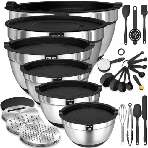 Thickened Heavy-Duty 26pcs Stainless Steel Bowl, Mixing Bowl Set with Lid, Grater Attachment, Non-Slip Bottom and Kitchen Gadget Set, Sizes 7, 4, 2.5, 2.0, 1.5, 1QT, Ideal for Mixing and Serving by UmiteChef