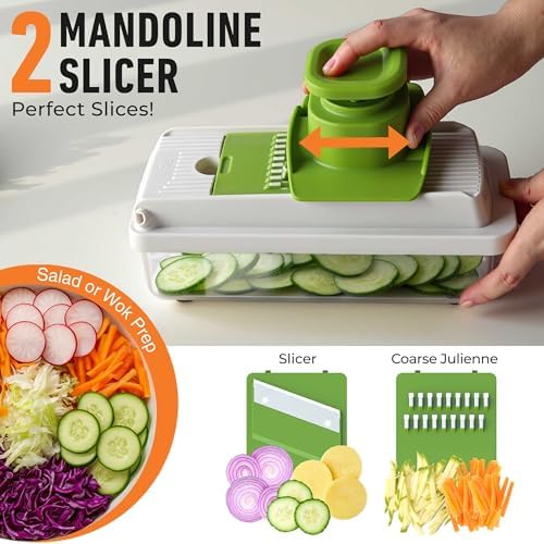 Mueller Vegetable Chopper, Mandoline Slicer, Food Veggie Chopper, Cheese Grater, Onion Vegetable Cutter with Container, Dicer, Kitchen Gadgets & Essentials, White Sand/Green - Image 5