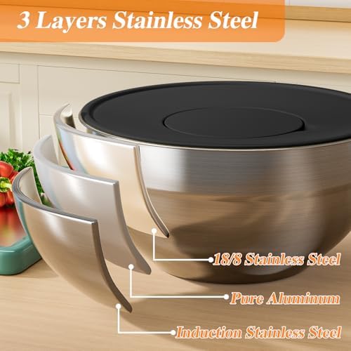 Mixing Bowls with Lids Set, 6 PCS Stainless Steel Mixing Bowls with 3 Grater Attachments, Kitchen Food Storage Organizers Nesting Mixing Bowl, Large Size 4.5, 3.5, 2.1, 1.5, 1.1, 0.7QT-Black - Image 6