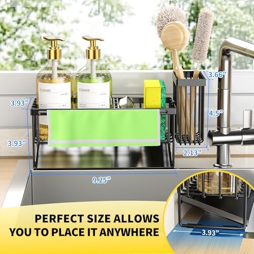 Cisily Kitchen Sink Caddy Organizer with High Brush Holder, Sponge Holder for Sink, 304 Rustproof Stainless Steel, Countertop Soap Dispenser Organizer, Black with Towel Rack, 9.25 - Image 4