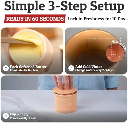 Priority Chef Butter Crock with Lid for Countertop with Spreader Knife and Water Line, Soft Spreadable Butter, Ceramic French Butter Dish with Lid, Peach - Image 3
