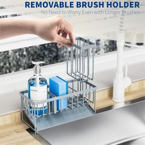 Cisily Sink Caddy Organzier with High Brush Holder, Sponge Holder for Sink, 304 Rustproof Stainless, Kitchen Countertop Soap Dispenser Organizer, Gray Blue Kitchen Decor and Accessories - Image 4