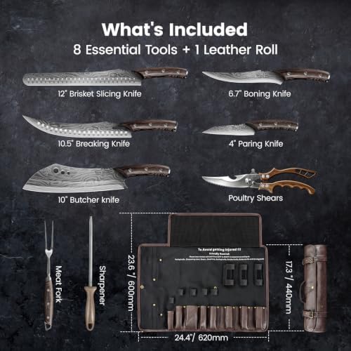 SYOKAMI 9-Piece Butcher Knife Set for Meat Processing with Leather Roll - Image 2