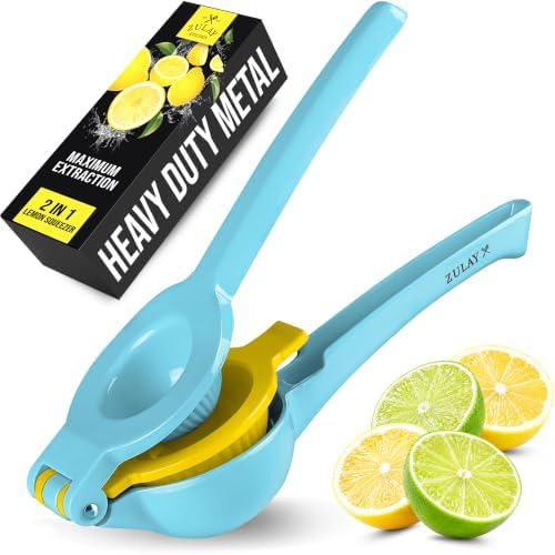 Zulay Metal 2-In-1 Lemon Squeezer Manual - Sturdy, Max Extraction Hand Juicer Lemon Squeezer Gets Every Last Drop - Easy to Clean Manual Citrus Juicer - Easy-to-Use Lemon Juicer Squeezer - Blue/Yellow by ZulayKitchen