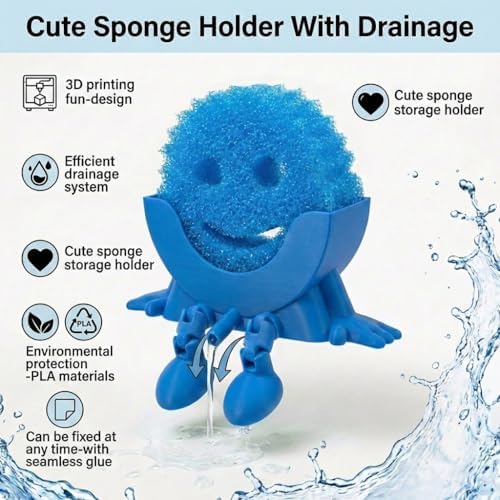 Creative Drainage Sponge Holder: Traceless Glue, 3D Printed Funny Kitchen Sink Holder, Keeps Sponge Dry – for Scrub Daddy (1, Blue) - Image 2