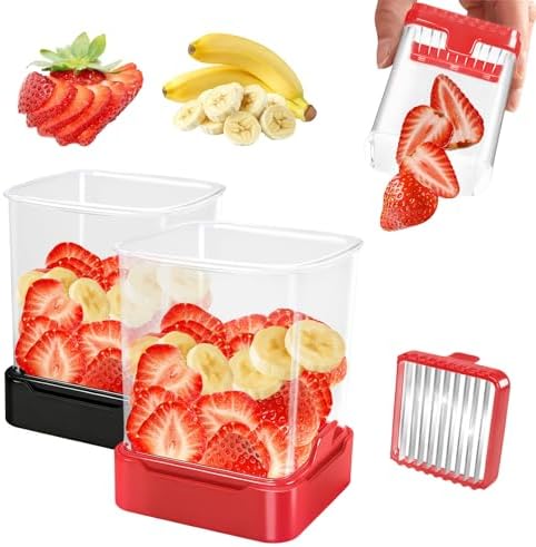 Strawberry Slicer Cup, Fruit Cutter – Quick-Slice, Meal Prep, Black + Red by GENGCANG