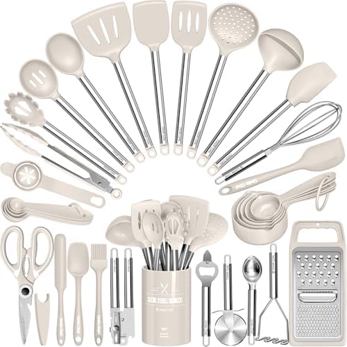 Kitchen Utensils Set-Umite Chef 34 Pcs Silicone Cooking Utensils Set for Nonstick Cookware-Silicone Spatulas Set, Stainless Steel Handle-Khaki Kitchen Gadgets Tools, Pots and Pans Accessories by UmiteChef