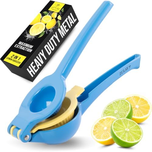 Zulay Kitchen Metal 2-in-1 Lemon Squeezer - Sturdy Max Extraction Hand Juicer Lemon Squeezer Gets Every Last Drop - Easy to Clean Manual Citrus Juicer - Easy-Use Lemon Juicer Squeezer - Blue/Yellow by ZulayKitchen
