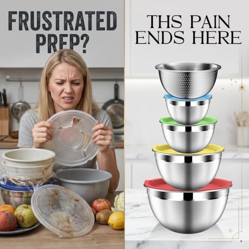 DUTZUN Colorful Mixing Bowls with Strainer, Mixing Bowl with Lids Set, Stainless Steel Mixing Bowls, Kitchen Gadgets Salad Bowls with Strainer for Mixing & Preping & Serving - Image 7