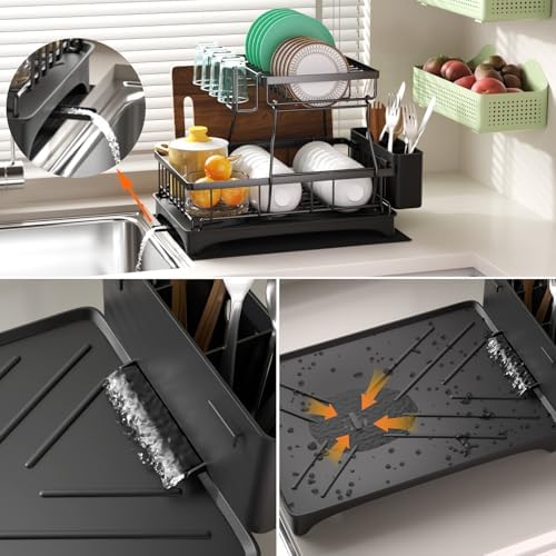 Godboat 2-Tier Dish Drying Rack - Dish Rack with Auto Drain-to-Sink & Mat - Image 6