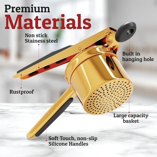 PriorityChef Large 15oz Potato Ricer With 3 Discs, Heavy Duty Stainless Steel Potato Ricer for Mashed Potatoes, Potato Masher, Press and Ricer Kitchen Tool, Gold Steel Black Silicone - Image 4