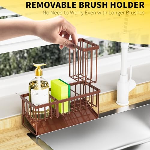 Cisily Kitchen Sink Caddy, Sponge Holder for Kitchen Sink, Kitchen Sink Organzier and Storage with High Brush Holder, Rustproof 304 Stainless Gadgets Sink Accessories(Brown) - Image 4