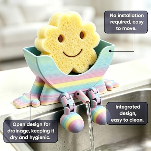 Creative Drainage Sponge Holder: Traceless Glue, 3D Printed Funny Kitchen Sink Holder, Keeps Sponge Dry – for Scrub Daddy (1, Gradient Random) - Image 2
