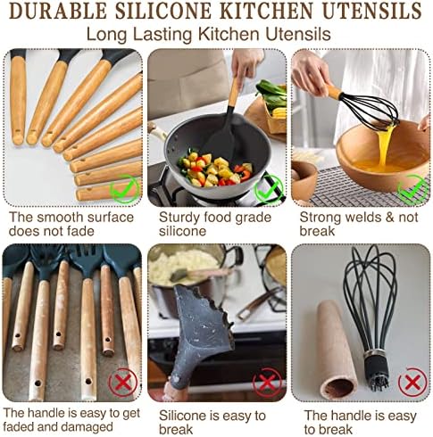Umite Chef Kitchen Cooking Utensils Set, 33 pcs Non-Stick Silicone Cooking Kitchen Spatula Set with Holder, Wooden Handle Silicone Kitchen Gadgets Utensil Set (Black) - Image 6