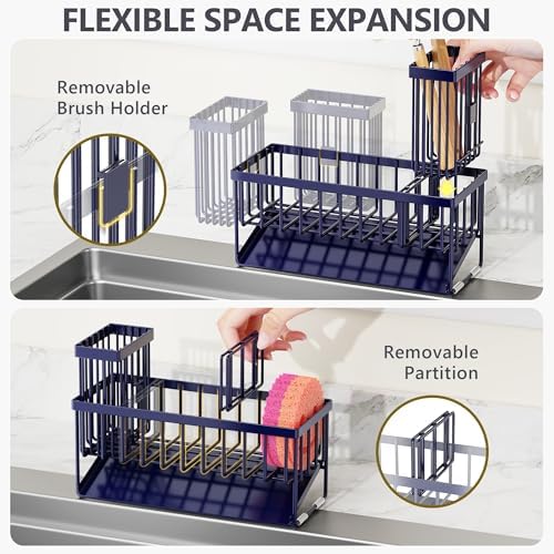 Cisily Navy Blue Sink Caddy Organzier with High Brush Holder, Sponge Holder for Sink, 304 Rustproof Stainless, Kitchen Countertop Soap Dispenser Organizer, Gray Blue Kitchen Decor and Accessories - Image 5