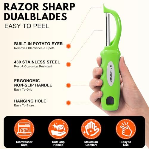 Rainspire Vegetable Peeler Potato Peelers for Kitchen, Sharp Stainless Steel Blades Veggie, Comfortable Handle Fruit Peeler, Carrot Peeler Apple Peeler Dishwasher Safe, Green, 1-Pack - Image 6