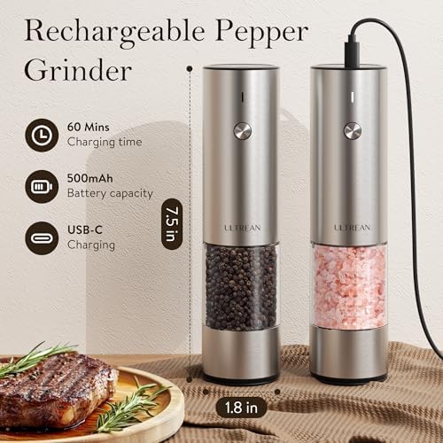 Ultrean Electric Salt and Pepper Grinder Set, Rechargeable,Stainless Steel - Image 4