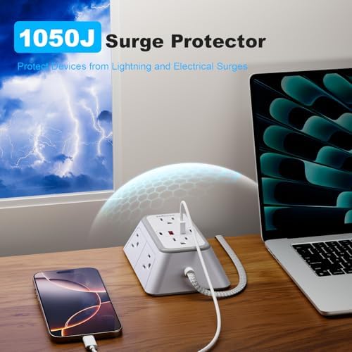 Power Strip Extension Cord - 6 Outlets and 4 USB (2 USB C), 5FT Braided Cord with Ultra Thin Flat Plug, 3 Side Outlet Extender with Overload Protection, Travel, Cruise Ship, Dorm Room Essentials-ETL - Image 4