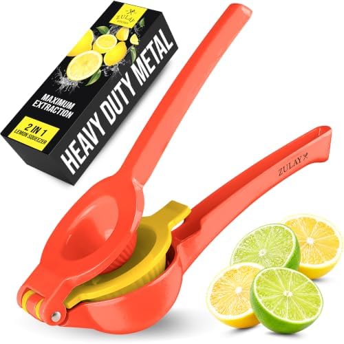 Zulay Kitchen Metal 2-in-1 Lemon Squeezer - Sturdy Max Extraction Hand Juicer Lemon Squeezer Gets Every Last Drop - Easy to Clean Manual Citrus Juicer - Easy-Use Lemon Juicer Squeezer - Red/Yellow by ZulayKitchen