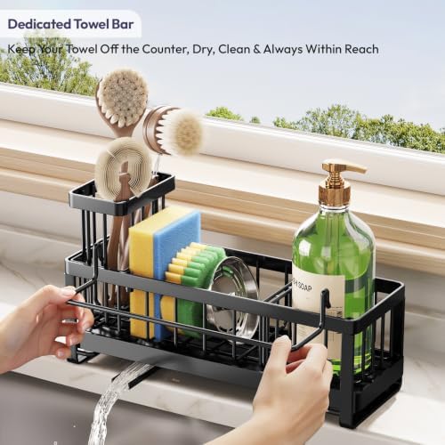SWTYMIKI Sponge Holder for Kitchen Sink - Sink Caddy with Brush Holder Self-draining Sponge Caddy Organizer with Divider Stainless Steel Kitchen Accessories Storage for Countertop, Black - Image 4