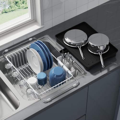 JASIWAY White Dish Drying Rack in Sink with Drainboard and Utensil Holder by JASIWAY