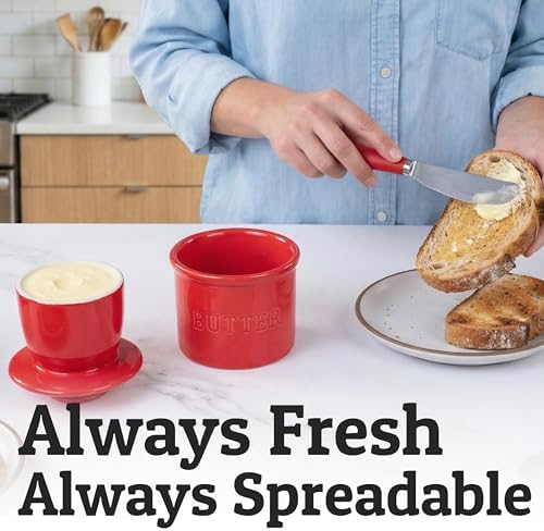 Priority Chef Butter Crock with Lid for Countertop with Spreader Knife and Water Line, Soft Spreadable Butter, Ceramic French Butter Dish with Lid, Red - Image 4