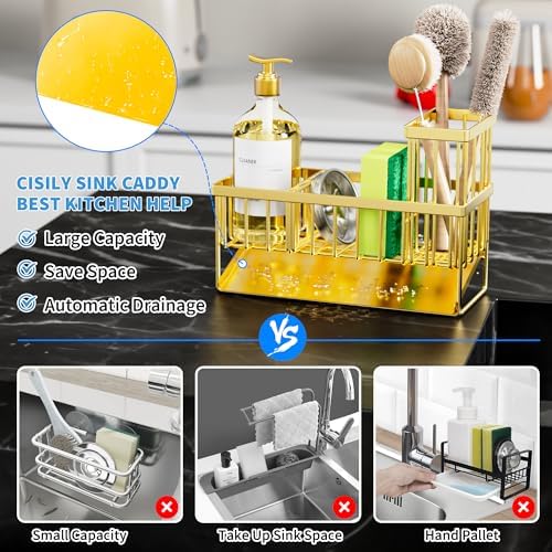 Cisily Gold Kitchen Sink Caddy Organzier with High Brush Holder, Sponge Holder for Sink, 304 Rustproof Stainless, Kitchen Countertop Soap Dispenser Organizer, Home Decor and Accessories - Image 3