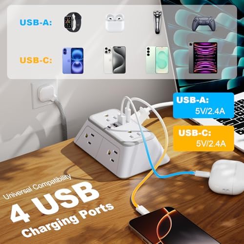 Power Strip Extension Cord - 6 Outlets and 4 USB (2 USB C), 5FT Braided Cord with Ultra Thin Flat Plug, 3 Side Outlet Extender with Overload Protection, Travel, Cruise Ship, Dorm Room Essentials-ETL - Image 3