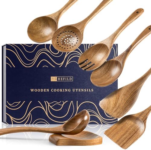 Wooden Spoons for Cooking, 8-Piece Acacia Wood Utensil Gift Set by HEFILD