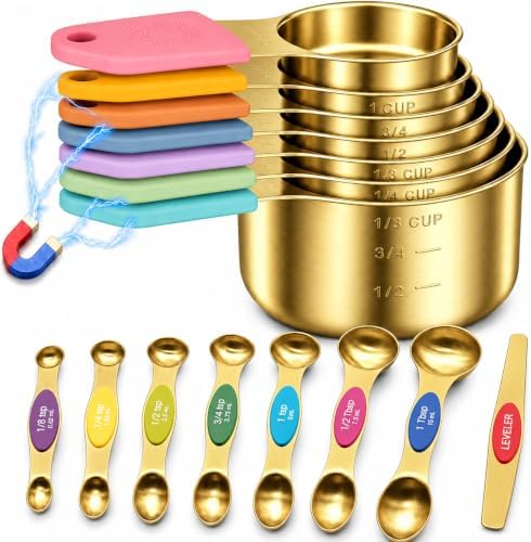Magnetic Measuring Cups & Spoons Set, Strong N45 Magnets, Heavy Duty Stainless Steel Fits in Spice Jars for Baking & Cooking, BPA Free, Round Set of 15 with Leveler,Gold&Colorful by vfuni
