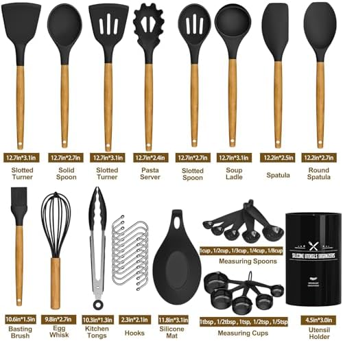 Umite Chef Kitchen Cooking Utensils Set, 33 pcs Non-Stick Silicone Cooking Kitchen Spatula Set with Holder, Wooden Handle Silicone Kitchen Gadgets Utensil Set (Black) - Image 4