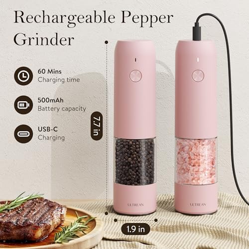 Ultrean Electric Salt and Pepper Grinder Set, Rechargeable,Pink - Image 4