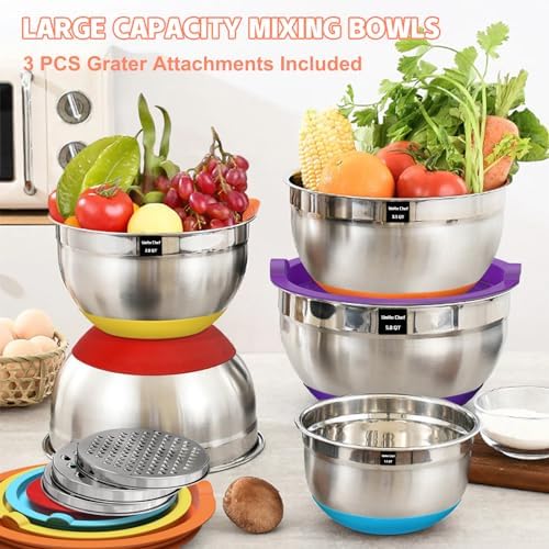 Umite Chef Mixing Bowls with Airtight Lids Set, 8PCS Stainless Steel Nesting Bowls Set, 3 Grater Attachments & Non-Slip Bottoms, Size 5, 4, 3.5, 2, 1.5QT for Baking & Mixing(Colorful) - Image 5