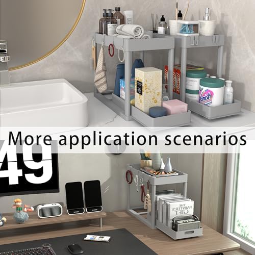 2PC Under Sink Organizer Rack 2 Tier Under Sliding Cabinet Basket Organizer Drawer with 4 Hooks, Multi-purpose Under Sink Storage for Bathroom Kitchen Desktop（Grey） - Image 6