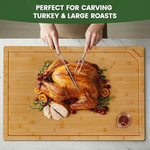 Kikcoin 30”×20” Bamboo Cutting Boards for Kitchen, Heavy Duty Wooden Cutting Boards, Healthy Extra Large Chopping Boards with Deep Juice Groove and Handle, Oversized Stove Top Cover, Natural - Image 4