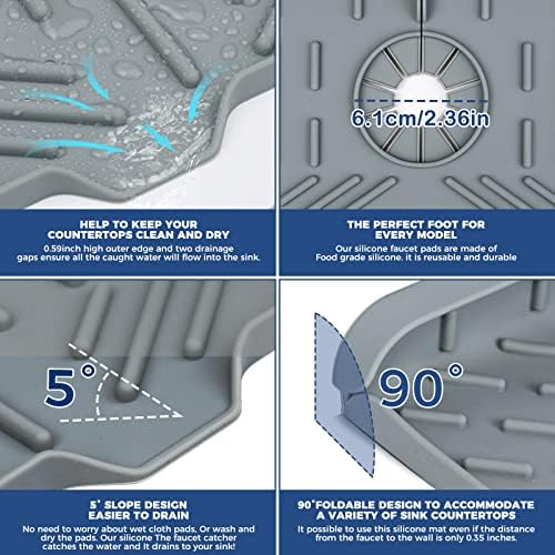 BFONS Silicone Faucet Handle Drip Catcher Drying Tray Mat Dish Soap Sponge Holder Accessories Gadgets for Kitchen Counter Bathroom Kitchen Sink Splash Guard -Grey - Image 5