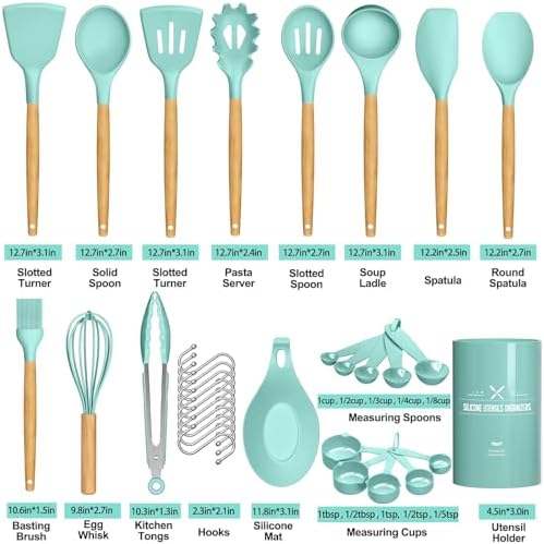 Umite Chef Kitchen Cooking Utensils Set, 24 pcs Non-stick Silicone Cooking Kitchen Utensils Spatula Set with Holder, Wooden Handle Heat Resistant Silicone Kitchen Gadgets Utensil Set (Green) - Image 6