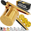 PriorityChef Large 15oz Potato Ricer With 3 Discs, Heavy Duty Stainless Steel Potato Ricer for Mashed Potatoes, Potato Masher, Press and Ricer Kitchen Tool, Gold Steel Black Silicone by PriorityChef