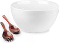 LAUCHUH Salad Serving Bowls, 5 Quarts Porcelain White Serving Bowl Extra Large Mixing Bowl with Spoon Set for Salad, Preparing, Pasta, Popcorn, Chips, Fruit, Vegetables, Thanksgiving, Christmas, 3 Pcs